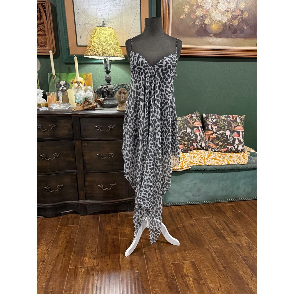 Leopard Print Handkerchief Hem Dress Grey Black Animal Print Spaghetti Strap L